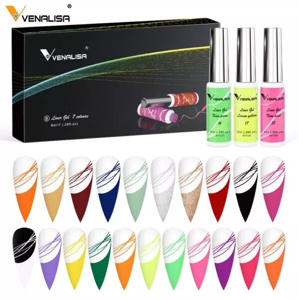 ערכת 21 יחידות לק ג'ל ליינר לציור וקישוט – מכחול דק מובנה (8 מ"ל)