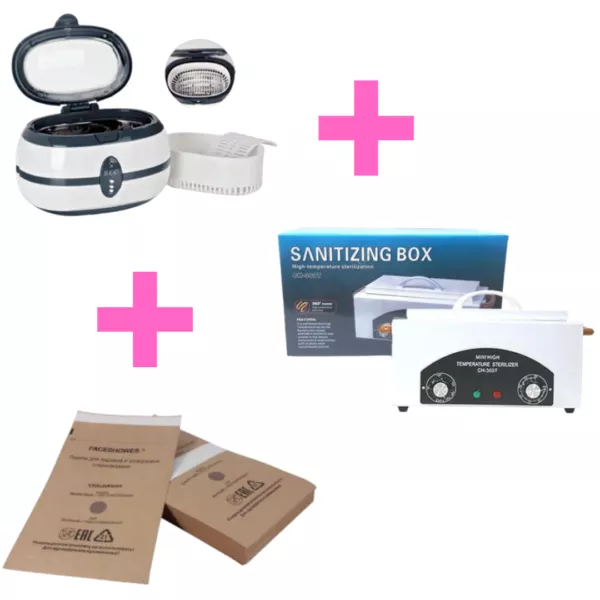 סט סטריליזציה מלא למקצועניות: אולטראסוניק 600 מ"ל + תנור עיקור חום יבש + 100 שקיות עיקור