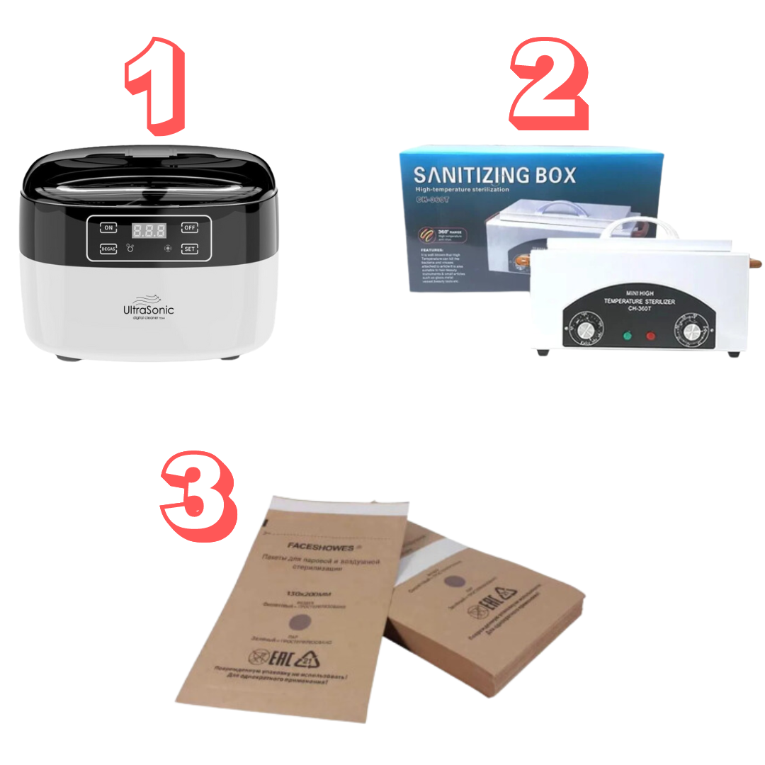 סט סטריליזציה עם סטריליזטור אולטרסוניק, תנור עיקור ושקיות עיקור