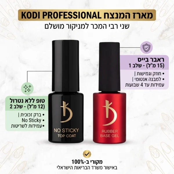 מארז KODI Professional מקורי: ראבר בייס (15 מ"ל) וטופ קריסטל ללא נטרול (12 מ"ל)