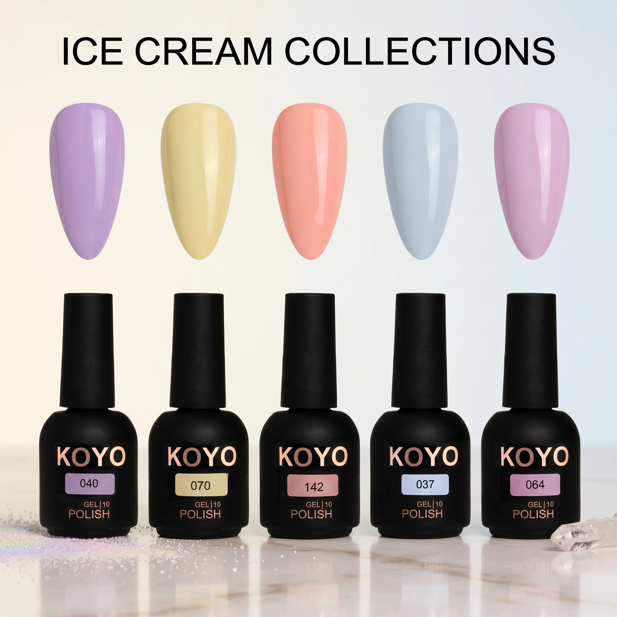 מארז קולקציית לק ג'ל פסטל KOYO Ice Cream – חמשת גווני הפסטל המובילים (5 בקבוקים של 10 מ"ל, סה"כ 50 מ"ל)