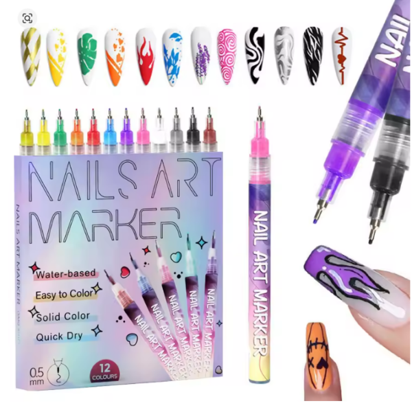 מארז 12 עטי ציור אקריליים לציפורניים – עמידים ודקים (0.5 מ"מ)