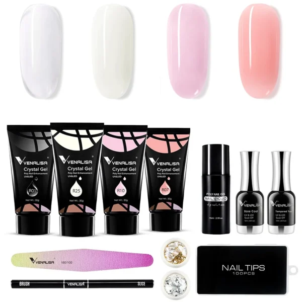 כולת ערכת פוליג'ל Venalisa – 4 גווני בנייה (Crystal Gel), מכחול, נוזל החלקה וטיפסים