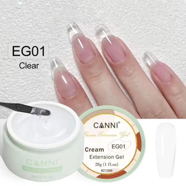 ג'ל בנייה קאני CANNI בנפח 28 גרם – טקסטורה מוצקה (Cream Extension Gel) – גוון EG01 (שקוף קריסטל)