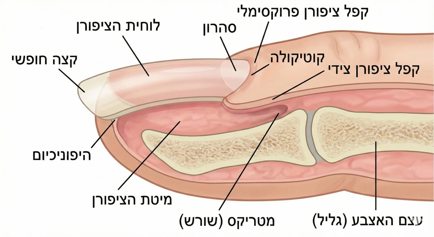 תרשים אנטומיית הציפורן - חלקי הציפורן הטבעית