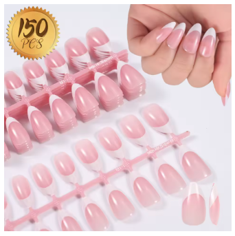 מארז 150 ציפורניים לידיים להדבקה ג'ל (Soft Gel) טיפסים כיסוי מלא בעיצוב פרנץ' קלאסי צורת שקד