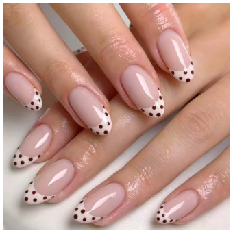 מארז 24 ציפורניים לידיים להדבקה ג'ל (Soft Gel) טיפסים כיסוי מלא צורת שקד פרנץ' נקודות פולקה דלמטי