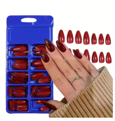 מארז 120 ציפורניים לידיים להדבקה ג'ל (Soft Gel) טיפסים כיסוי מלא צורת שקד מוארך גוון בורדו / אדום יין