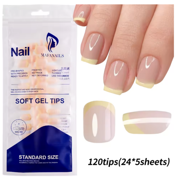 מארז 120 ציפורניים לידיים להדבקה ג'ל (Soft Gel) טיפסים כיסוי מלא | פרנץ' צהוב פסטל מרובע קצר