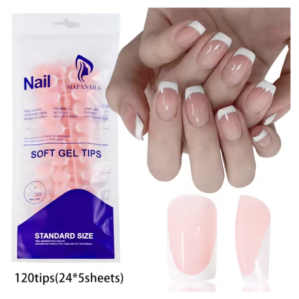 מארז 120 ציפורניים לידיים להדבקה ג'ל (Soft Gel) טיפסים כיסוי מלא |  פרנץ' לבן מרובע קצר