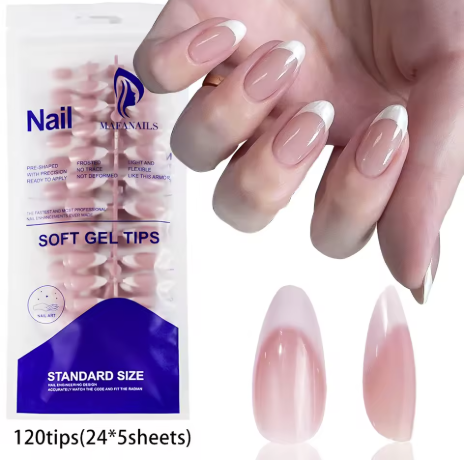 מארז 120 ציפורניים לידיים להדבקה ג'ל (Soft Gel) טיפסים כיסוי מלא | פרנץ' לבן צורת שקד מחוספס