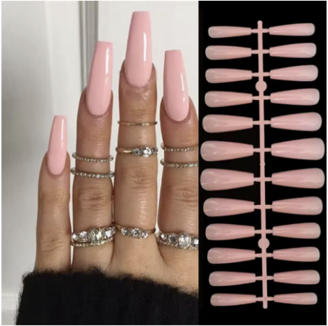 מארז 24 ציפורניים לידיים להדבקה ג'ל (Soft Gel) טיפסים כיסוי מלא צורת בלרינה ורוד פודרה קלאסי – מראה ג'ל מוגמר