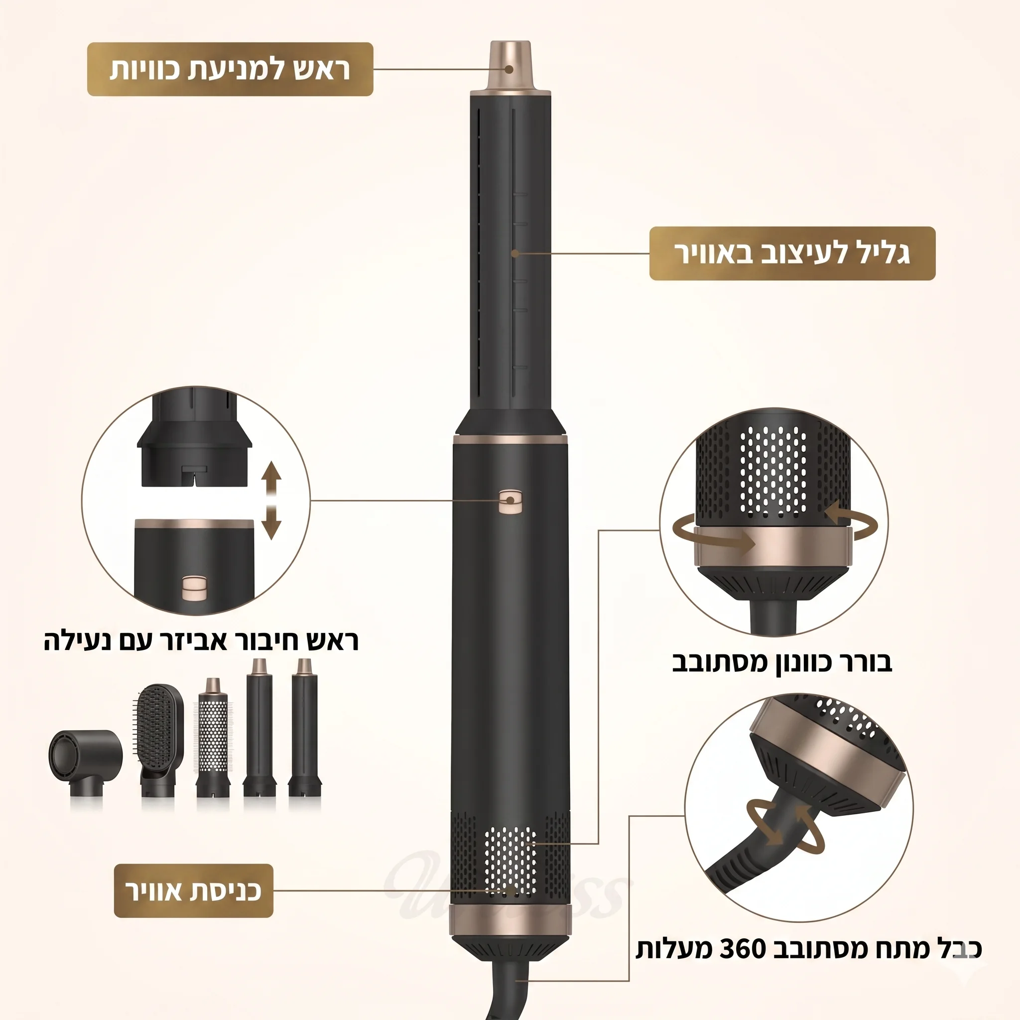 מעצב ומסלסל שיער אוטומטי 5 ב-1 בטכנולוגיית אוויר (מברשת פן והחלקה) | המחיר הזול בארץ! – תמונה 4