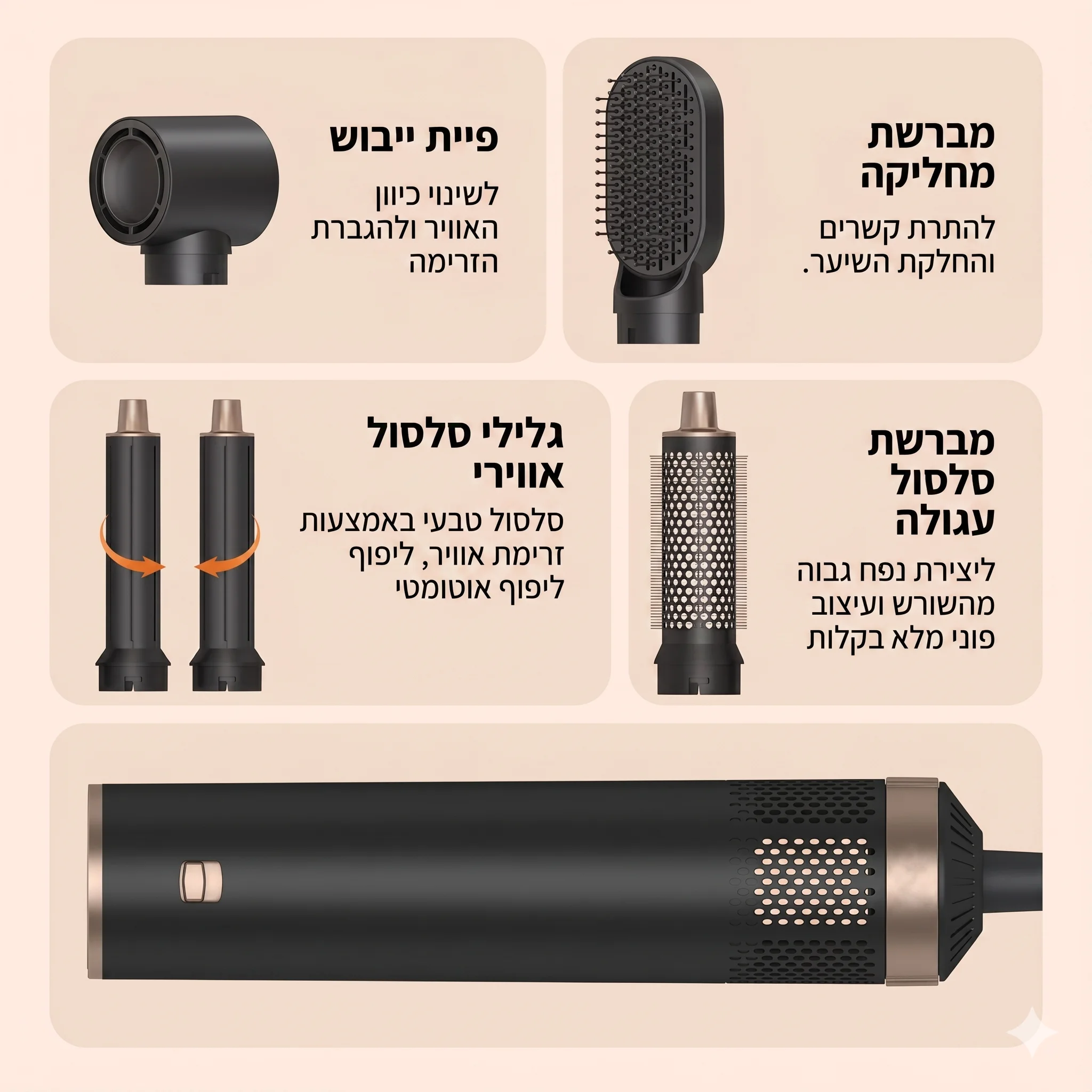 מעצב ומסלסל שיער אוטומטי 5 ב-1 בטכנולוגיית אוויר (מברשת פן והחלקה) | המחיר הזול בארץ! – תמונה 2