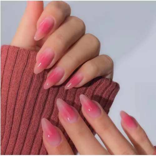מארז 24 ציפורניים לידיים להדבקה ג'ל (Soft Gel) טיפסים כיסוי מלא אפקט סומק (Blush/Aura) – צורת שקד