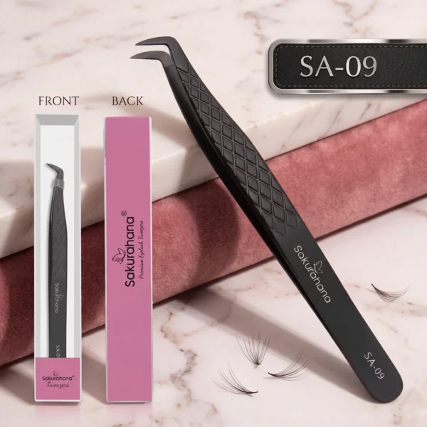פינצטה מקצועית להלחמת ריסים Sakurahana דגם SA-09 – קצה פייבר Fiber Tip מיני L מפלדת 420 מוקשחת (11 ס"מ)
