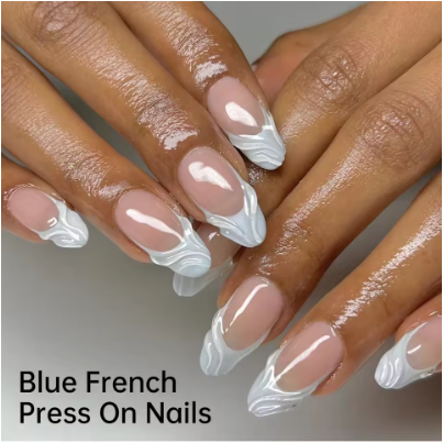 מארז 24 ציפורניים לידיים להדבקה ג'ל (Soft Gel) טיפסים כיסוי מלא צורת שקד בעיצוב פרנץ' תכלת אדוות מים תלת-ממד