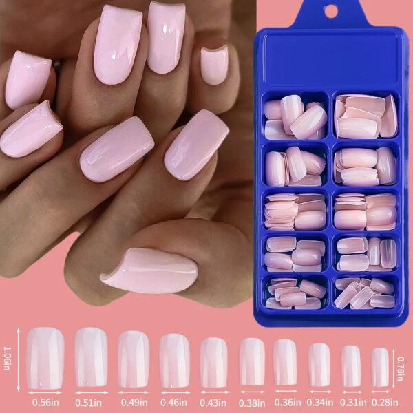 מארז 100 ציפורניים לידיים להדבקה ג'ל (Soft Gel) טיפסים כיסוי מלא מרובעות קצרות ורוד בייבי