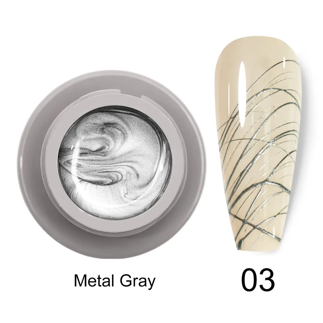 ג'ל עכביש אפור מטאלי 03 מקצועי לנייל ארט Venalisa Spider Gel 8ml – ג'ל אלסטי סמיך בברק כסף מטאלי יוקרתי לקווים ישרים, רשתות ופרנץ כרום